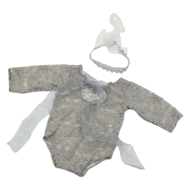 Newborn Photography Props Baby Lace Romper with Headband Set Backless Mesh Bodysuit for Baby Photoshoot Infant Outfit