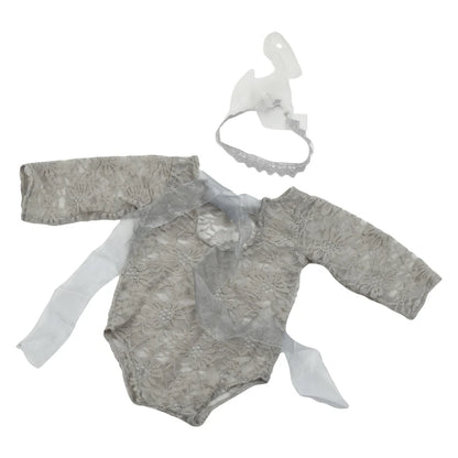 Newborn Photography Props Baby Lace Romper with Headband Set Backless Mesh Bodysuit for Baby Photoshoot Infant Outfit