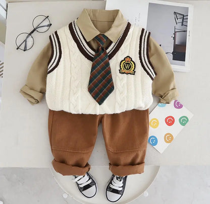3PCS Boys Sweater Sets Spring Autumn Kids V-neck Preppy Knitted Vest + T-shirts + Pants Casual Toddler Outfits Infant Baby Clothing