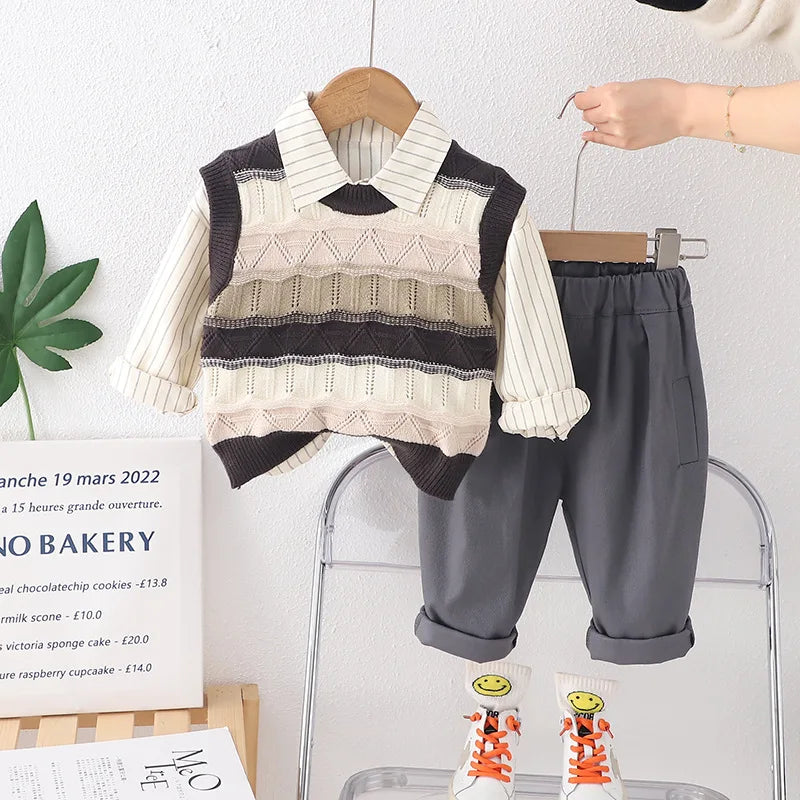 3PCS Baby Boy Set 2024 Spring Korean Hollow Out Knitted Sweater Vest + Shirts + Pants Children Clothes Boys Valentines Outfit