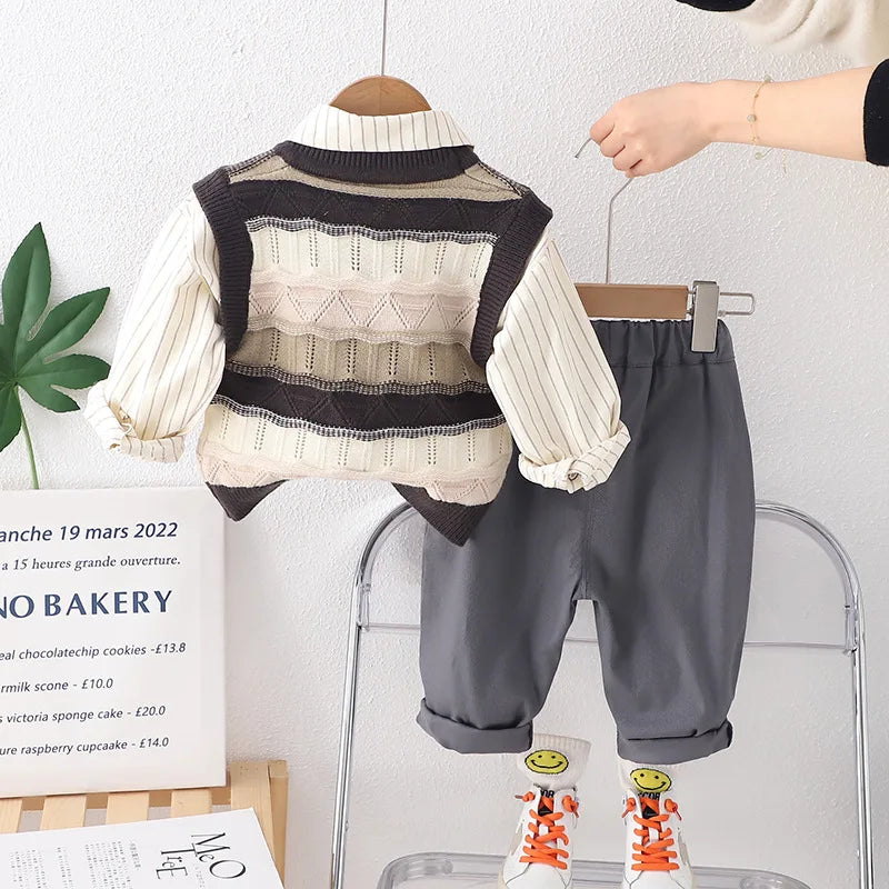 3PCS Baby Boy Set 2024 Spring Korean Hollow Out Knitted Sweater Vest + Shirts + Pants Children Clothes Boys Valentines Outfit