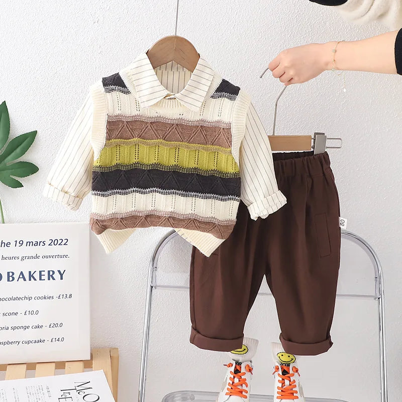 3PCS Baby Boy Set 2024 Spring Korean Hollow Out Knitted Sweater Vest + Shirts + Pants Children Clothes Boys Valentines Outfit