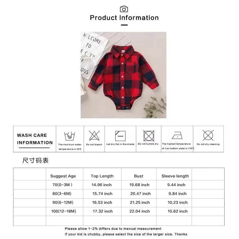 0-18 Months Newborn Baby Boy Romper Long Sleeves Red Plaid Bodysuit Spring & Autumn Fashion Jumpsuit for Infant Baby Boy Clothes - Giggles And Grab