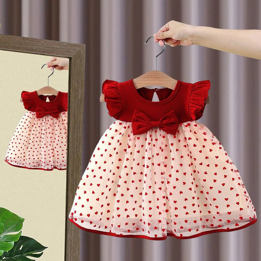 Giggles And Grab 0-3y Baby girl bow flying sleeves princess dress Red / 8(12-18M) 0-3Y Baby Girl Bow Flying Sleeves Princess Dress, Korean Edition"