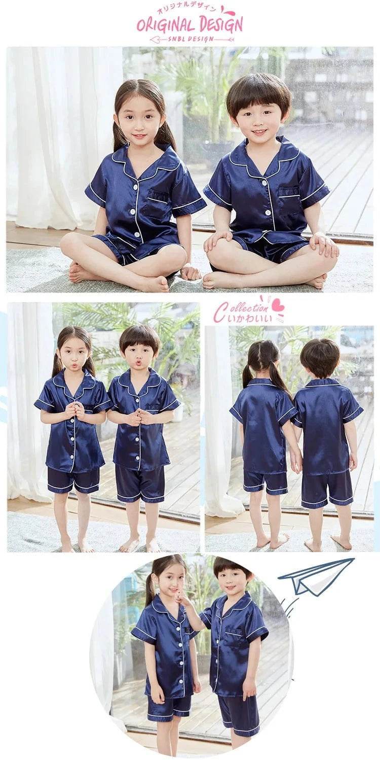 2024 New Summer Children Clothes Pajama Set Stain Silk Soft Solid Color Comfortable Clothing Kids Girls Boys Pajamas Sleepwear - Giggles And Grab