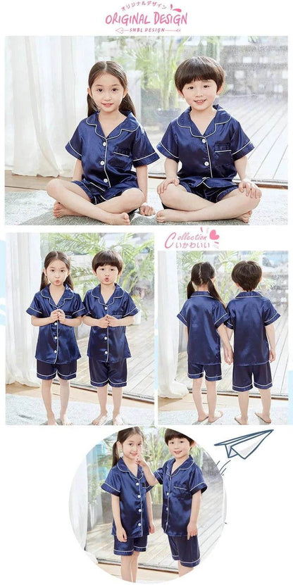 2024 New Summer Children Clothes Pajama Set Stain Silk Soft Solid Color Comfortable Clothing Kids Girls Boys Pajamas Sleepwear - Giggles And Grab