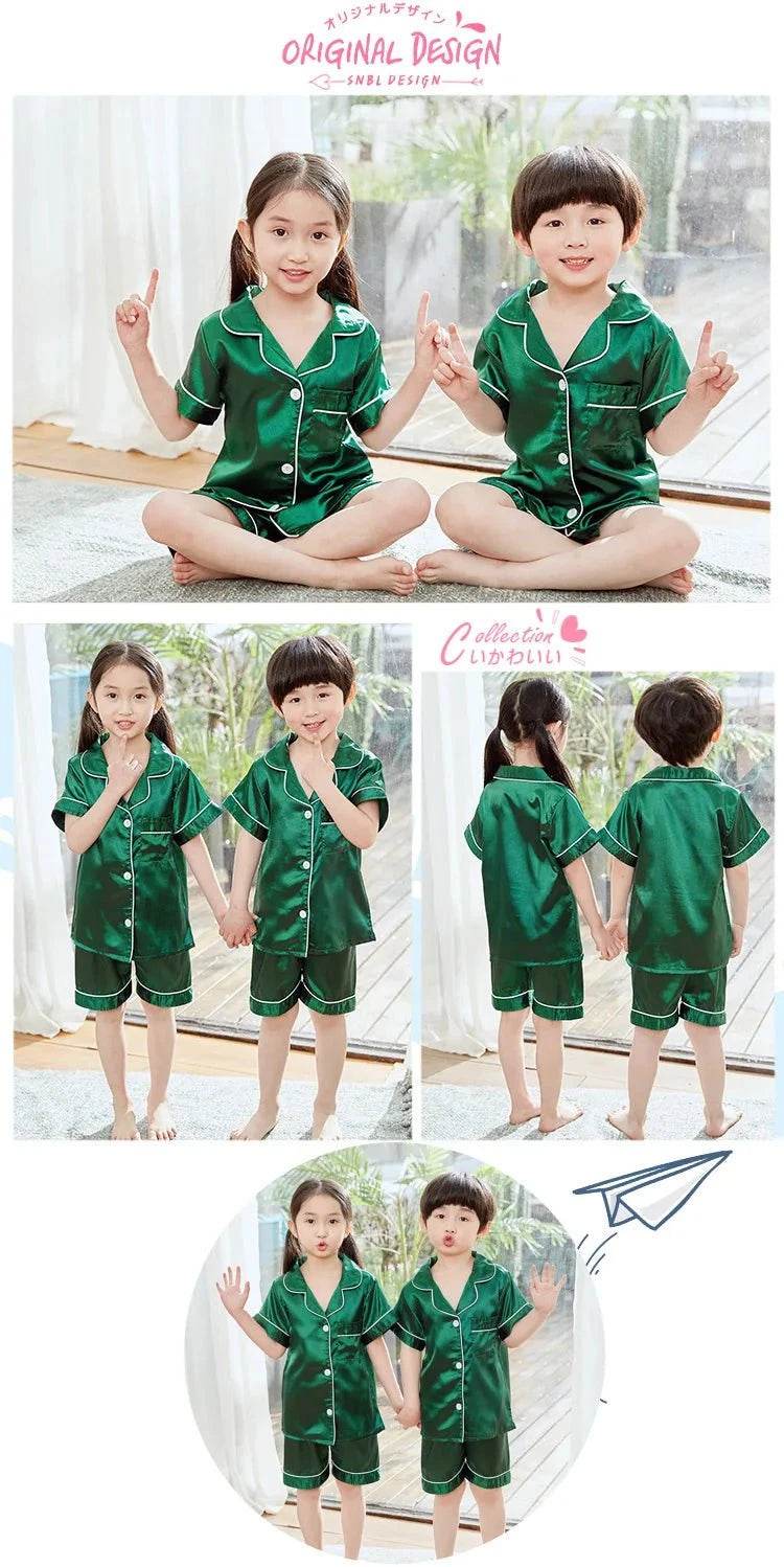 2024 New Summer Children Clothes Pajama Set Stain Silk Soft Solid Color Comfortable Clothing Kids Girls Boys Pajamas Sleepwear - Giggles And Grab