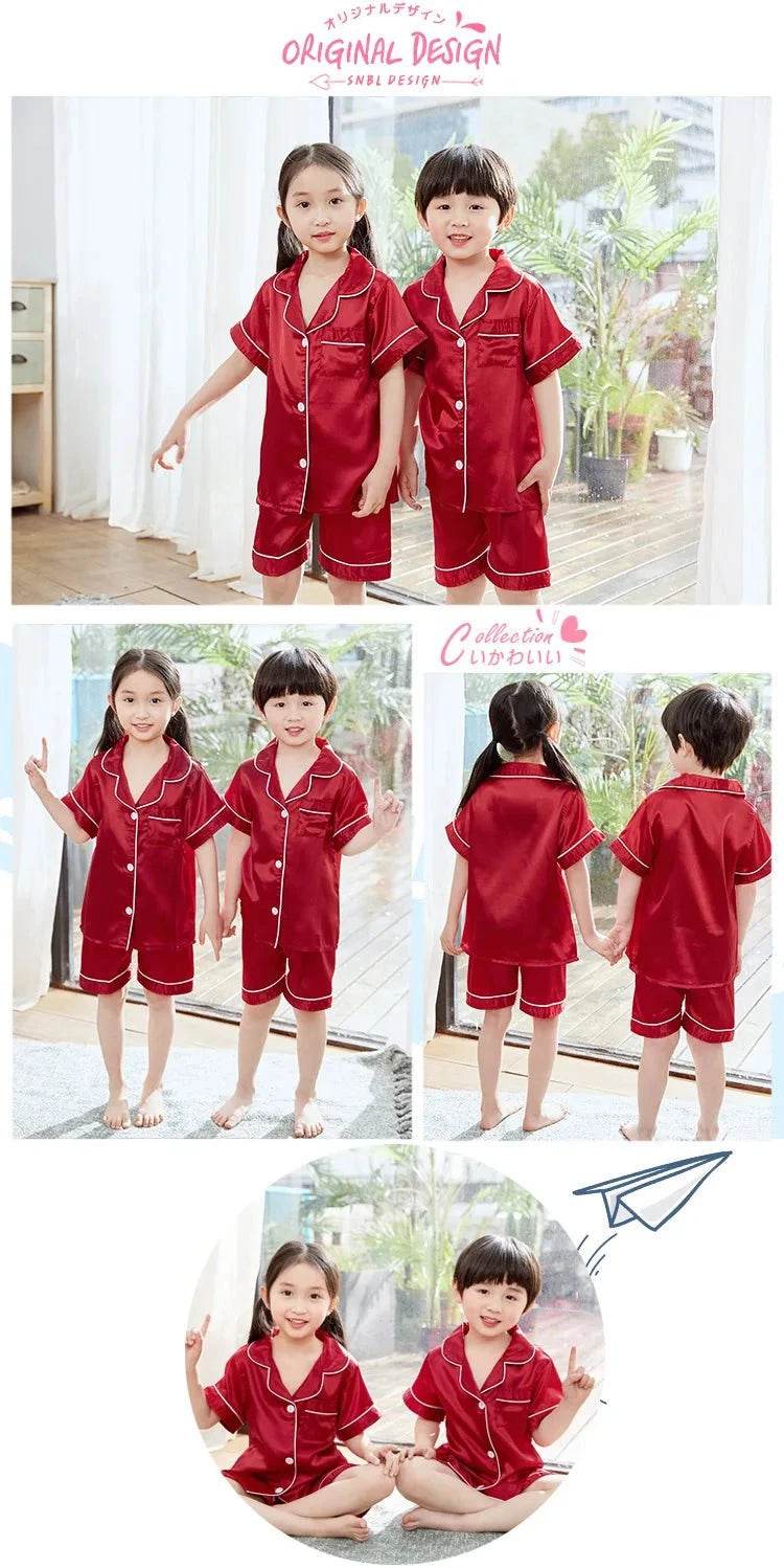 2024 New Summer Children Clothes Pajama Set Stain Silk Soft Solid Color Comfortable Clothing Kids Girls Boys Pajamas Sleepwear - Giggles And Grab