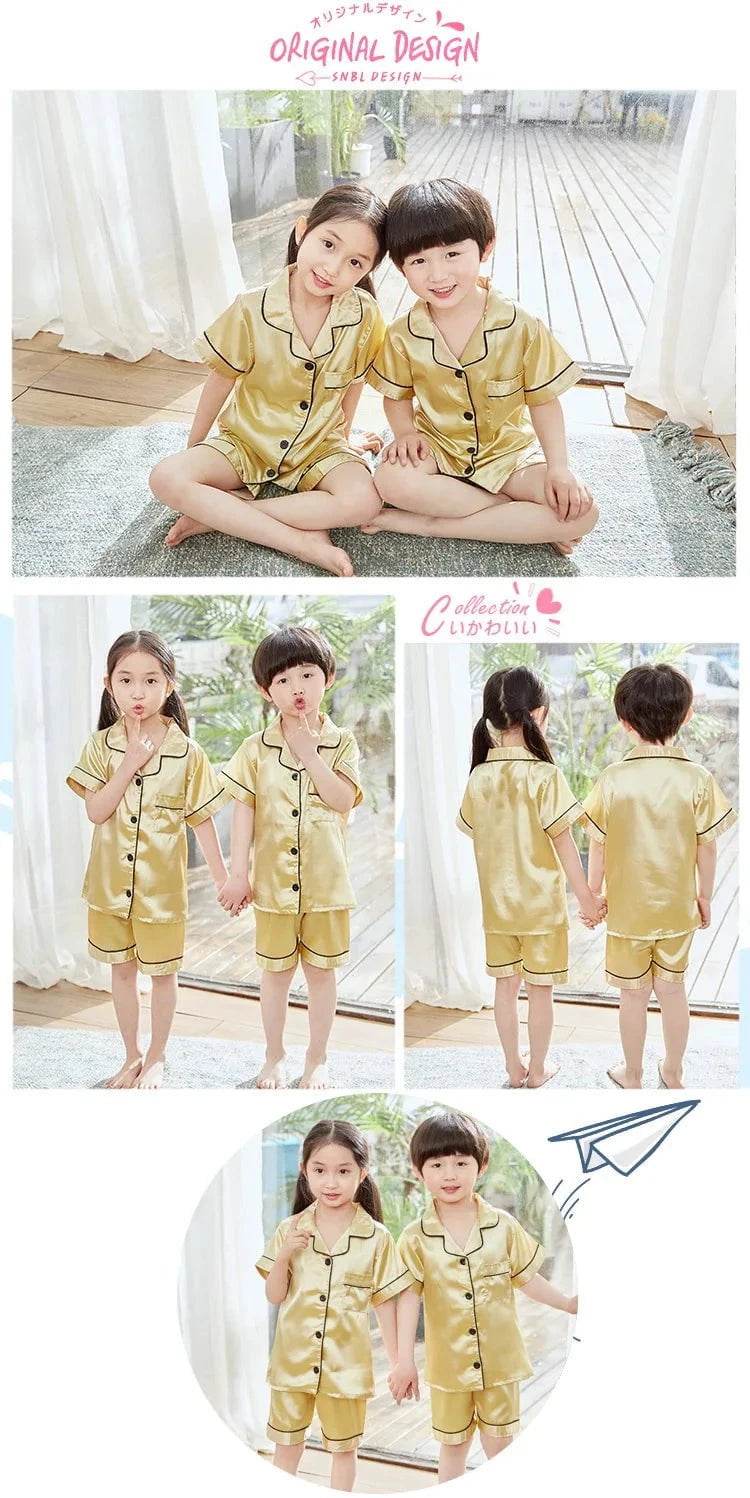 2024 New Summer Children Clothes Pajama Set Stain Silk Soft Solid Color Comfortable Clothing Kids Girls Boys Pajamas Sleepwear - Giggles And Grab