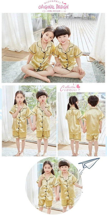 2024 New Summer Children Clothes Pajama Set Stain Silk Soft Solid Color Comfortable Clothing Kids Girls Boys Pajamas Sleepwear - Giggles And Grab