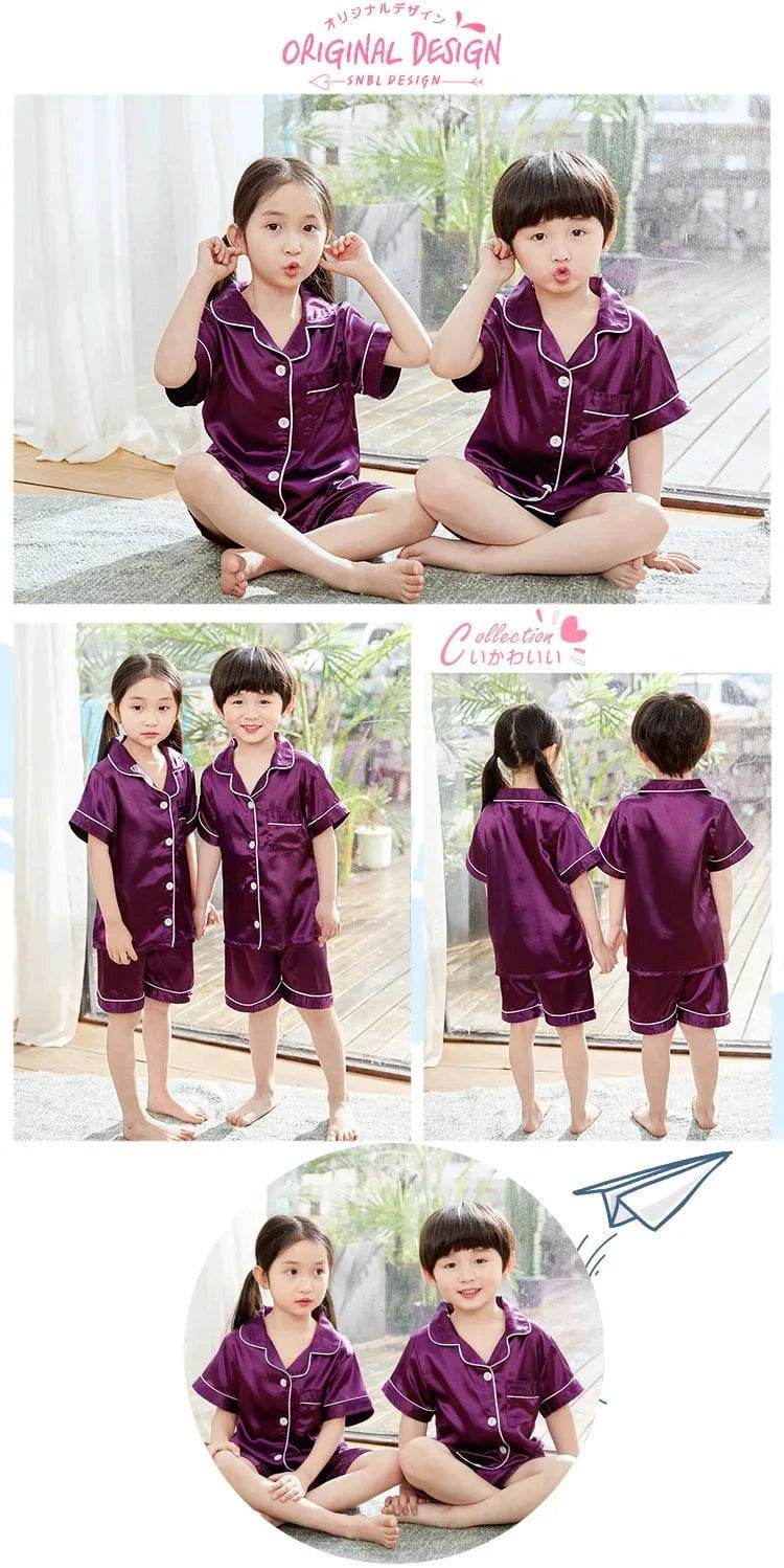 2024 New Summer Children Clothes Pajama Set Stain Silk Soft Solid Color Comfortable Clothing Kids Girls Boys Pajamas Sleepwear - Giggles And Grab