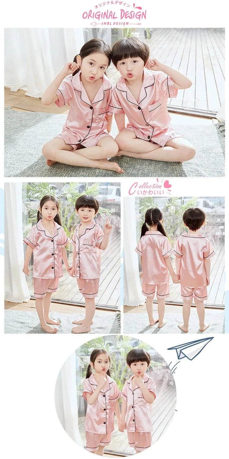 2024 New Summer Children Clothes Pajama Set Stain Silk Soft Solid Color Comfortable Clothing Kids Girls Boys Pajamas Sleepwear - Giggles And Grab