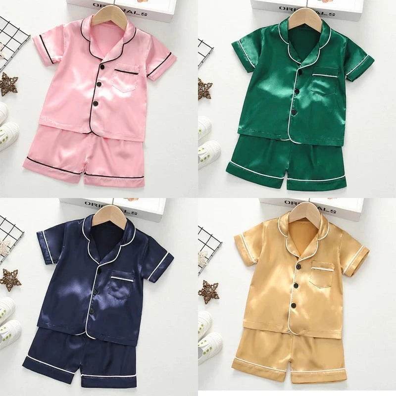 2024 New Summer Children Clothes Pajama Set Stain Silk Soft Solid Color Comfortable Clothing Kids Girls Boys Pajamas Sleepwear - Giggles And Grab