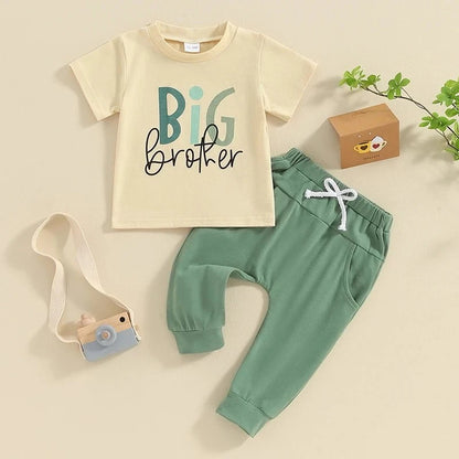 Giggles And Grab 2024 Summer baby boys brother outfit 2024 Summer Baby Boys Brother Outfit – Letter Print Short Sleeve T-Shirt & Elastic Pants Clothes Set"