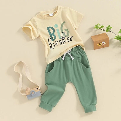Giggles And Grab 2024 Summer baby boys brother outfit 2024 Summer Baby Boys Brother Outfit – Letter Print Short Sleeve T-Shirt & Elastic Pants Clothes Set"
