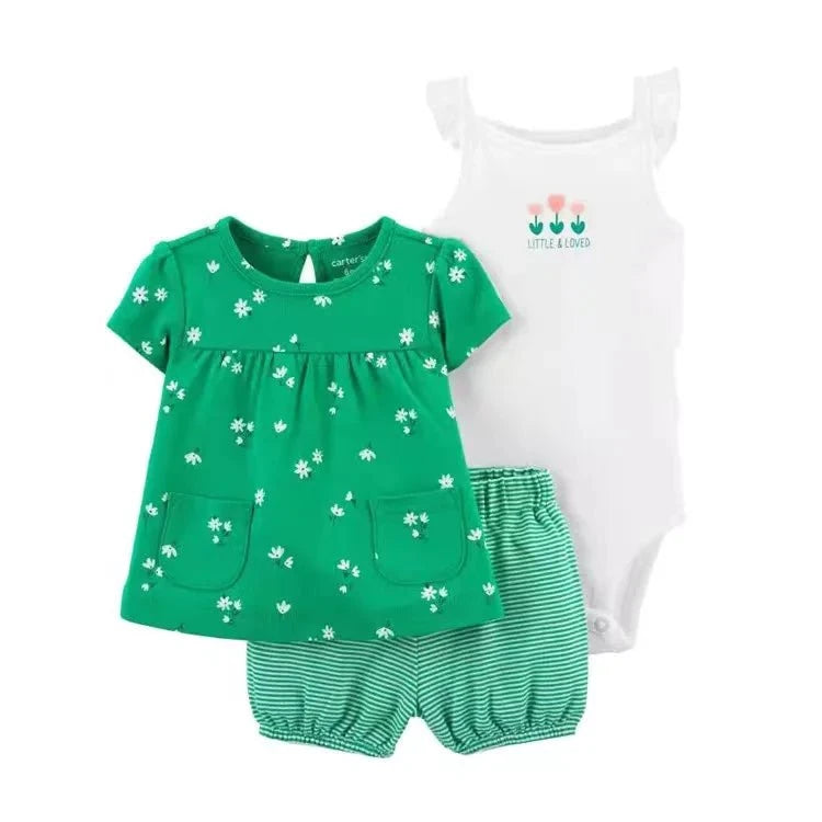 Giggles And Grab 2025 new summer baby clothes Deep Pink / CHINA / 6M Summer Baby Girls Clothes Set – Cotton Flower Fashion Infant Outfits, Short-Sleeved Bodysuit & Shorts 3PCS Kids Clothing (6-24 Months)"