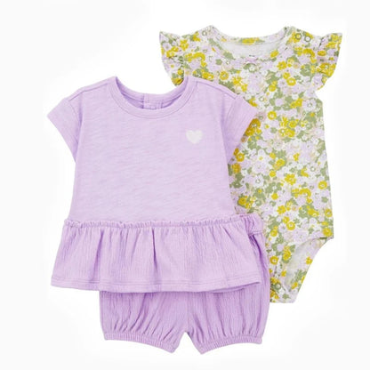 Giggles And Grab 2025 new summer baby clothes forest green / CHINA / 6M Summer Baby Girls Clothes Set – Cotton Flower Fashion Infant Outfits, Short-Sleeved Bodysuit & Shorts 3PCS Kids Clothing (6-24 Months)"