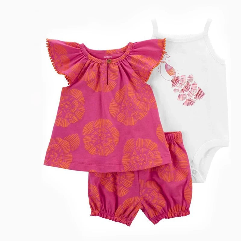 Giggles And Grab 2025 new summer baby clothes indigo / CHINA / 12M Summer Baby Girls Clothes Set – Cotton Flower Fashion Infant Outfits, Short-Sleeved Bodysuit & Shorts 3PCS Kids Clothing (6-24 Months)"