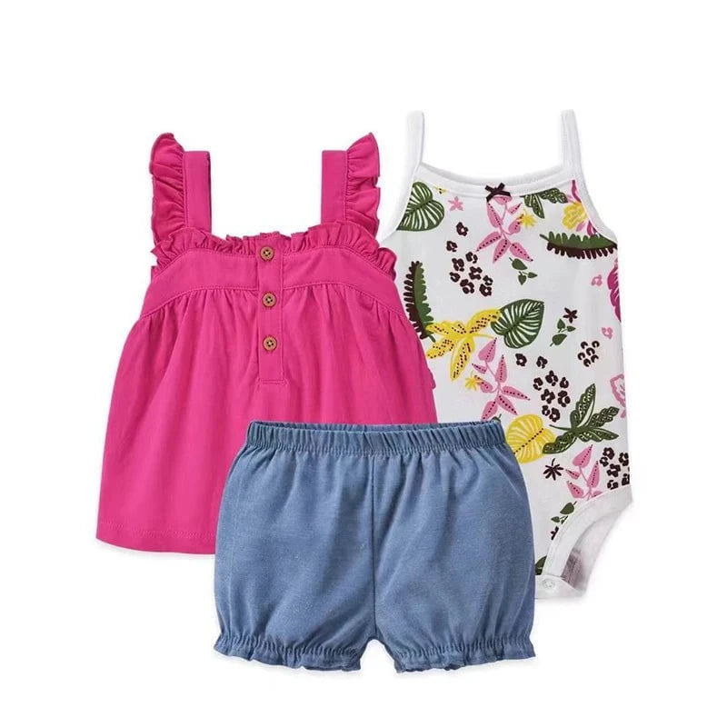 Giggles And Grab 2025 new summer baby clothes Summer Baby Girls Clothes Set – Cotton Flower Fashion Infant Outfits, Short-Sleeved Bodysuit & Shorts 3PCS Kids Clothing (6-24 Months)"
