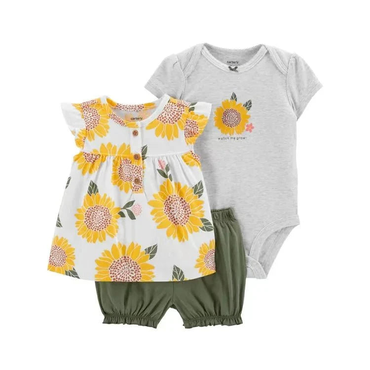 Giggles And Grab 2025 new summer baby clothes Summer Baby Girls Clothes Set – Cotton Flower Fashion Infant Outfits, Short-Sleeved Bodysuit & Shorts 3PCS Kids Clothing (6-24 Months)"