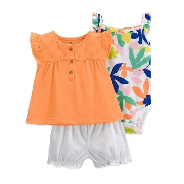 Giggles And Grab 2025 new summer baby clothes Summer Baby Girls Clothes Set – Cotton Flower Fashion Infant Outfits, Short-Sleeved Bodysuit & Shorts 3PCS Kids Clothing (6-24 Months)"