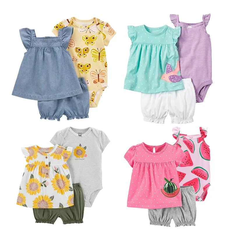 Giggles And Grab 2025 new summer baby clothes Summer Baby Girls Clothes Set – Cotton Flower Fashion Infant Outfits, Short-Sleeved Bodysuit & Shorts 3PCS Kids Clothing (6-24 Months)"