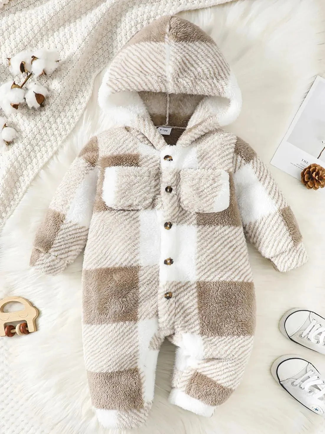 Giggles And Grab 232306454 / 6-9M Baby Boys and Girls Plaid Romper Hooded Long Sleeved Plush Jumpsuit Winter Warm Bodysuit Clothes for 3-24 Months Toddler Boy