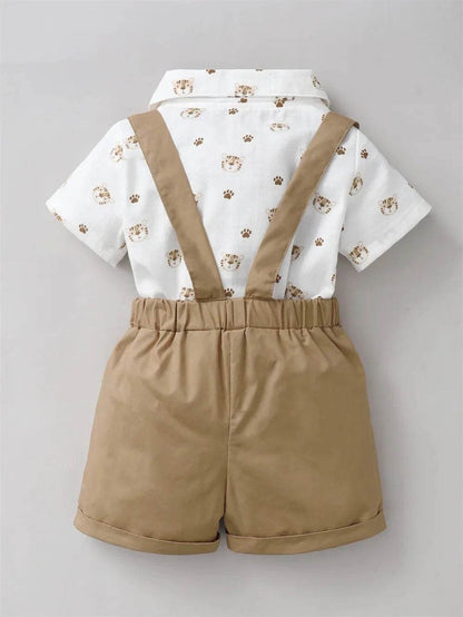 2PCS Infant Boy Clothes Set Tiger Print Short Sleeve with Bow + Strap Shorts Casual Party Birthday Suit for Toddler Boy 0-2 Years - Giggles And Grab