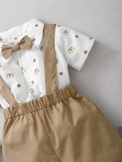 2PCS Infant Boy Clothes Set Tiger Print Short Sleeve with Bow + Strap Shorts Casual Party Birthday Suit for Toddler Boy 0-2 Years - Giggles And Grab