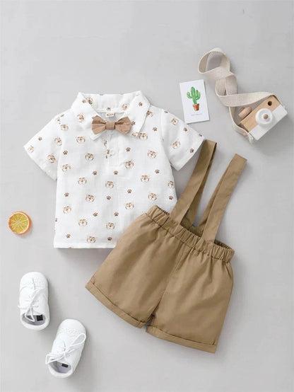2PCS Infant Boy Clothes Set Tiger Print Short Sleeve with Bow + Strap Shorts Casual Party Birthday Suit for Toddler Boy 0-2 Years - Giggles And Grab