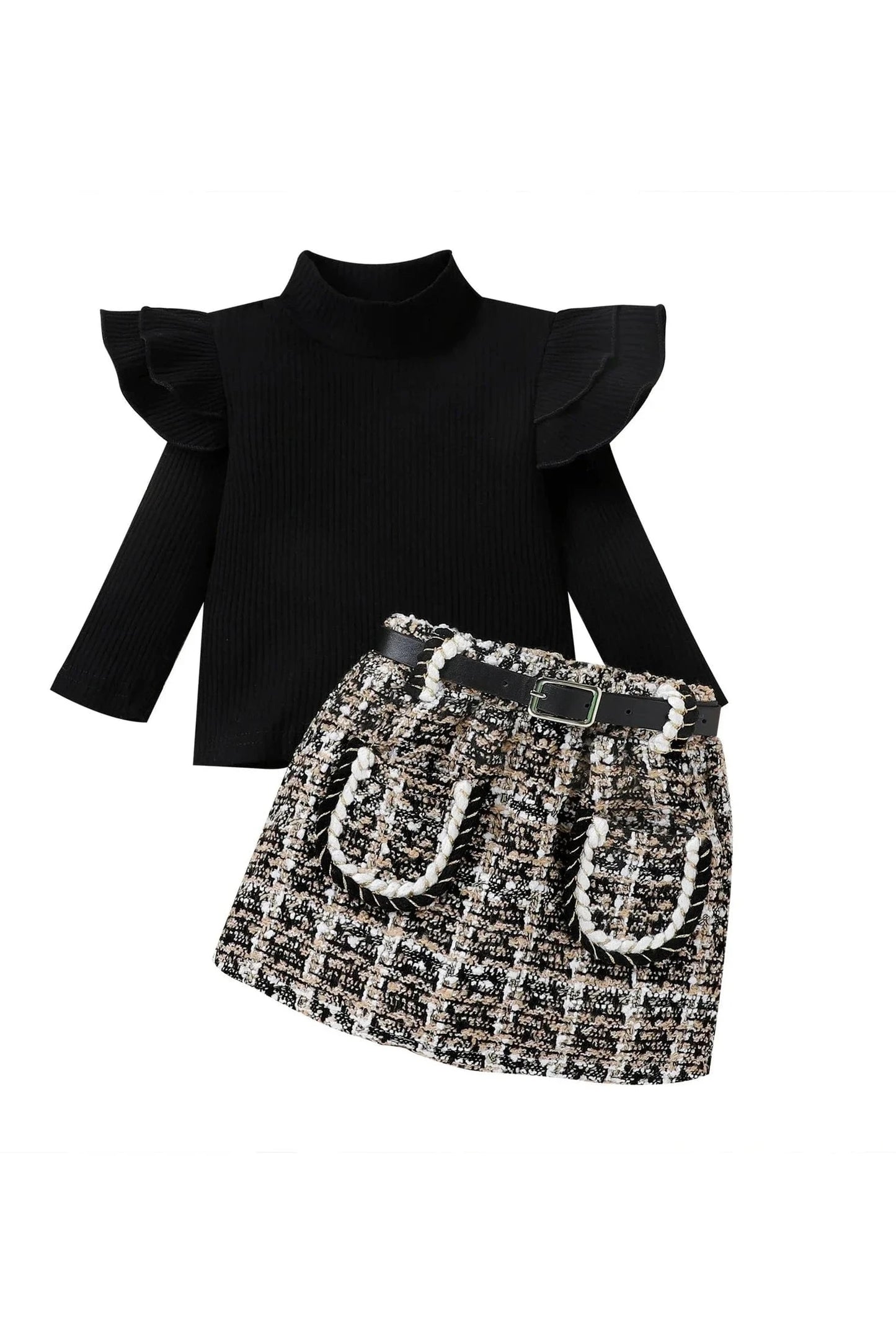 Giggles And Grab 3 PC Outfit for baby girls black / 6-12 M 3-Piece Baby Girls' Outfit - Long Sleeve Semi-High Collar T-Shirt, Mini Skirt, and Belt Set (Fall Fashion)"