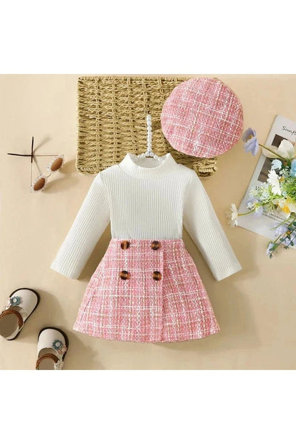 Giggles And Grab 3 PC Outfit for baby girls Pink / 9-12Months Shop 3-Piece Baby Girl Outfit | Turtleneck Long Sleeve Top, Plaid Skirt & Hat Set for Stylish Comfort (6M-3Y)"