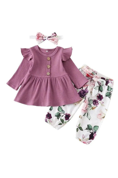 Giggles And Grab "3-Piece Baby Girl Clothing Set - Long Sleeve Top, Floral Pants, and Headband (0-24M)" forest green / 24M Shop 3-Piece Baby Girl Clothing Set Stylish, Comfortable & Adorable Outfits for Your Little Oneand Headband (0-24M)"