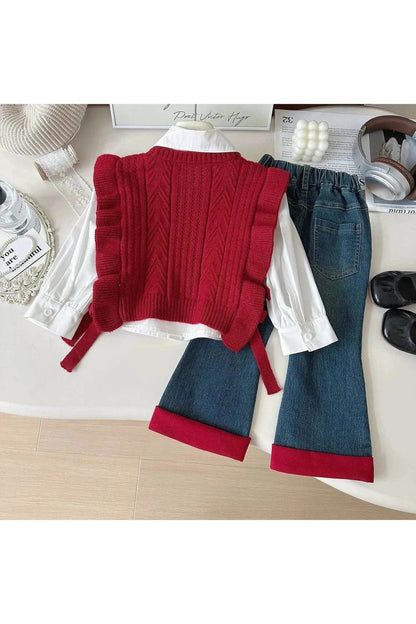 Spring & Autumn Toddler Girls 3-Piece Clothes Set – Sweater Vest, Shirt, and Jeans Outfit (2-7 Years) - Giggles And Grab