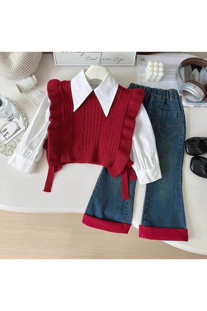 Spring & Autumn Toddler Girls 3-Piece Clothes Set – Sweater Vest, Shirt, and Jeans Outfit (2-7 Years) - Giggles And Grab