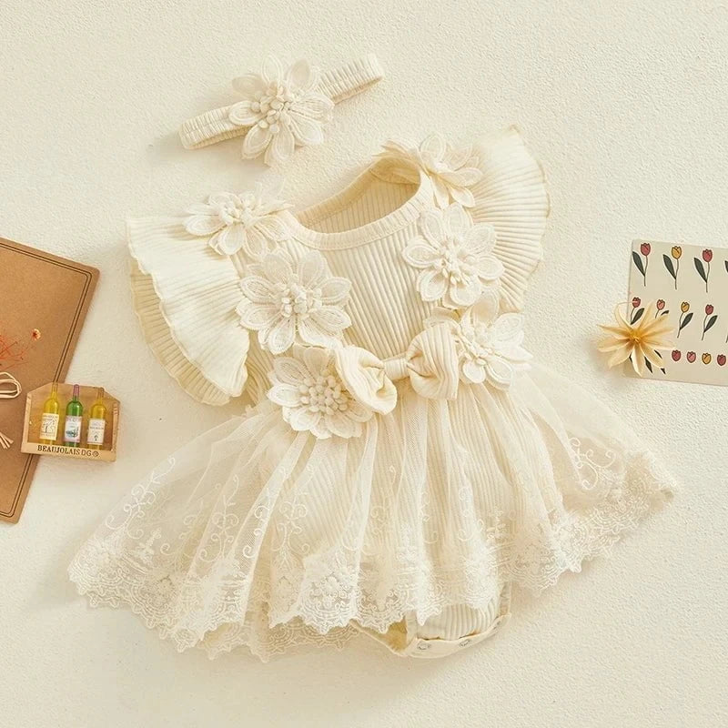 Giggles And Grab 3D Baby & toddler outfits 3D Flower Baby Girls Summer Romper & Headband Set"