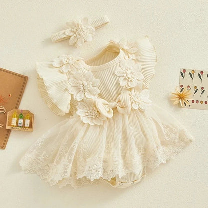 Giggles And Grab 3D Baby & toddler outfits 3D Flower Baby Girls Summer Romper & Headband Set"
