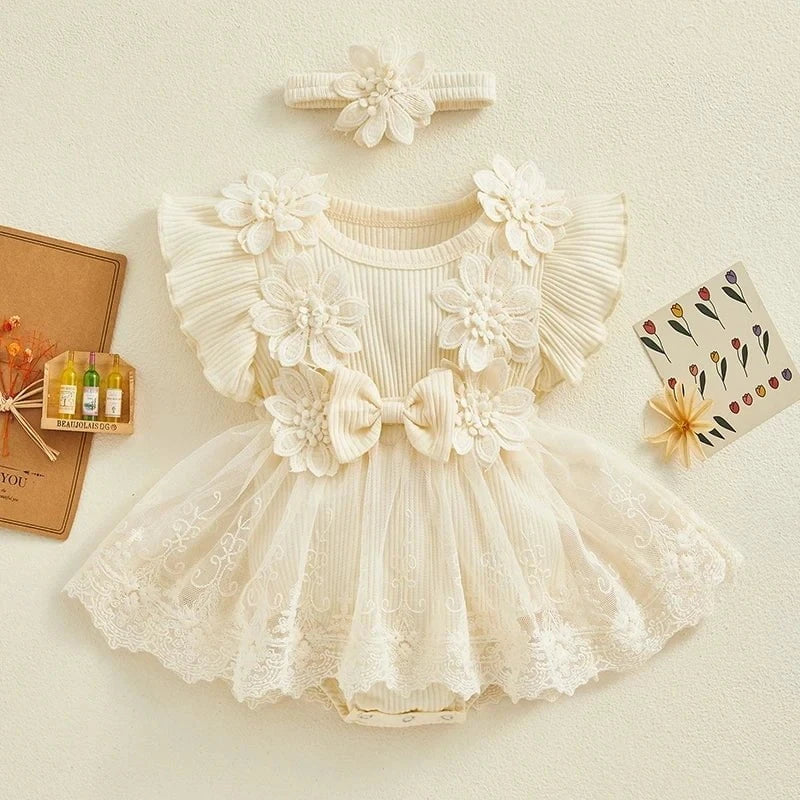 Giggles And Grab 3D Baby & toddler outfits 3D Flower Baby Girls Summer Romper & Headband Set"