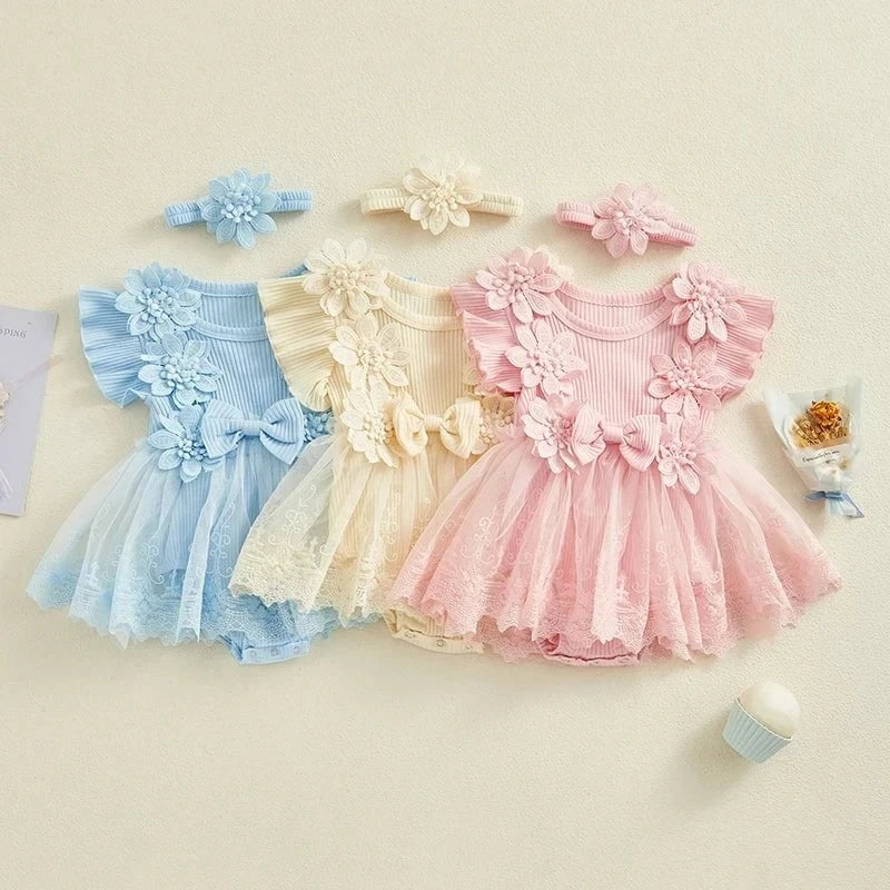 Giggles And Grab 3D Baby & toddler outfits 3D Flower Baby Girls Summer Romper & Headband Set"