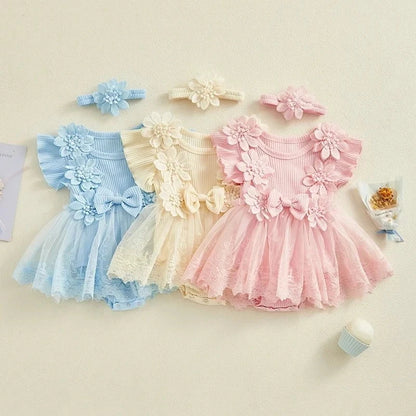 Giggles And Grab 3D Baby & toddler outfits 3D Flower Baby Girls Summer Romper & Headband Set"