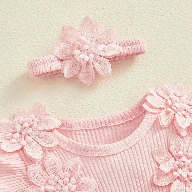 Giggles And Grab 3D Baby & toddler outfits 3D Flower Baby Girls Summer Romper & Headband Set"