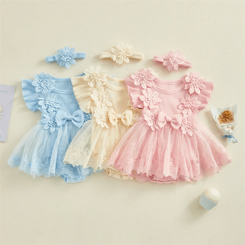Giggles And Grab 3D Baby & toddler outfits 3D Flower Baby Girls Summer Romper & Headband Set"