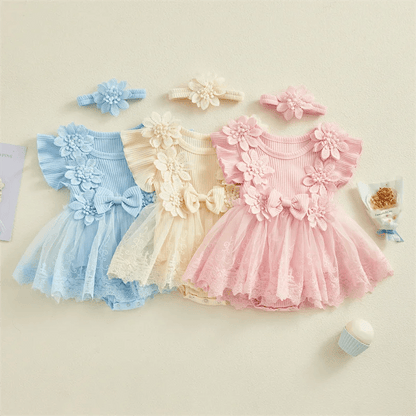 Giggles And Grab 3D Baby & toddler outfits 3D Flower Baby Girls Summer Romper & Headband Set"