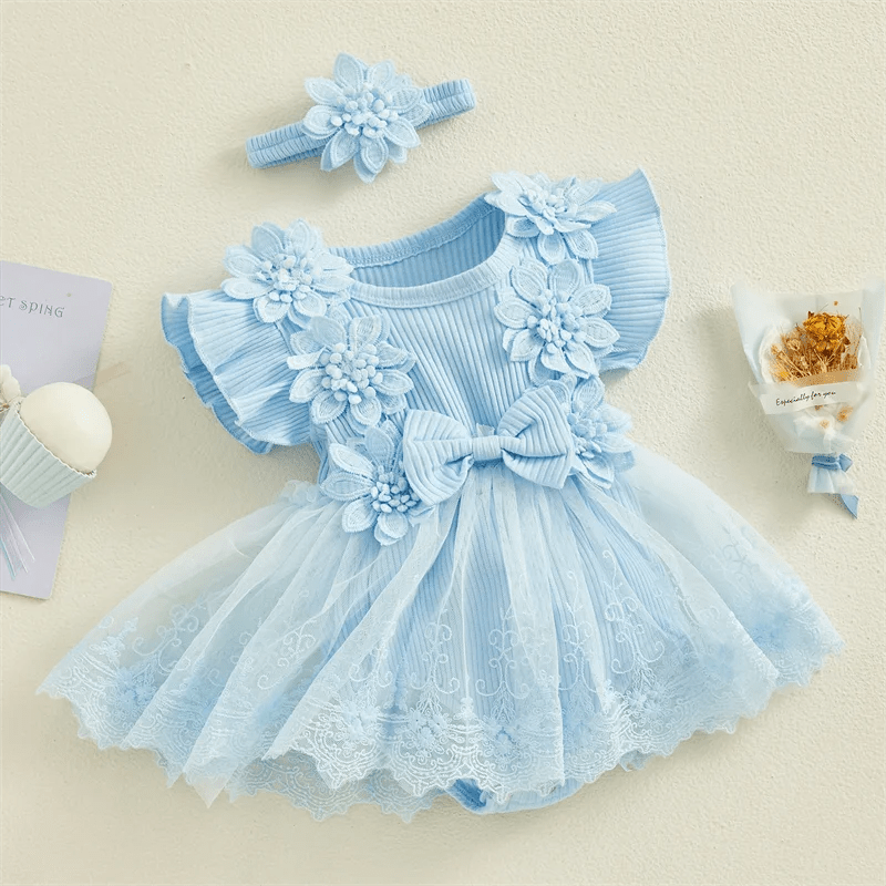 Giggles And Grab 3D Baby & toddler outfits 3D Flower Baby Girls Summer Romper & Headband Set"