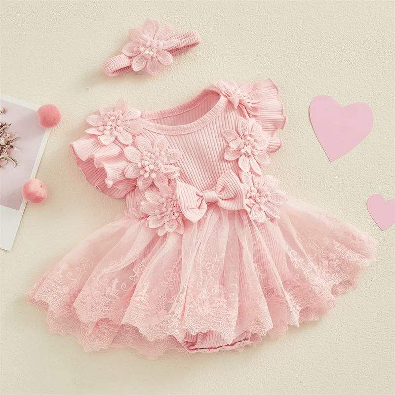 Giggles And Grab 3D Baby & toddler outfits 3D Flower Baby Girls Summer Romper & Headband Set"
