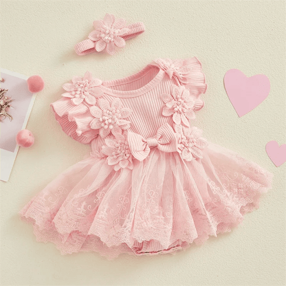 Giggles And Grab 3D Baby & toddler outfits 3D Flower Baby Girls Summer Romper & Headband Set"