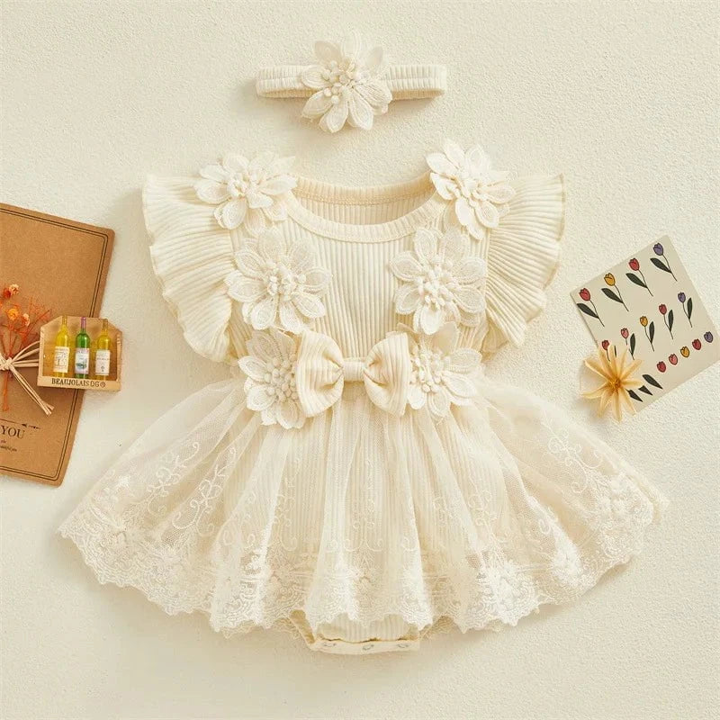 Giggles And Grab 3D Baby & toddler outfits Apricot / 3-6M 3D Flower Baby Girls Summer Romper & Headband Set"
