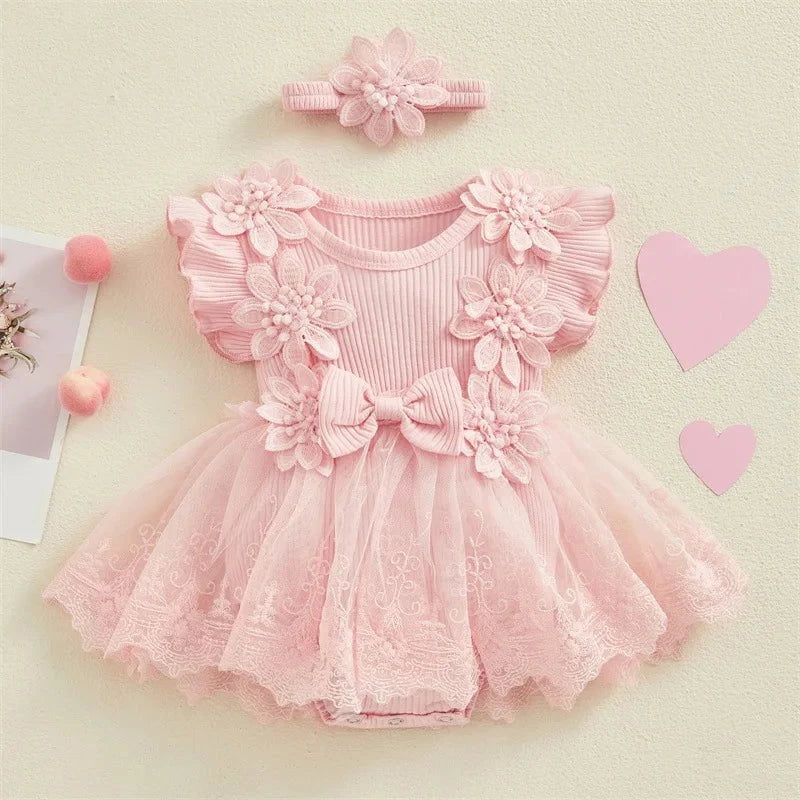Giggles And Grab 3D Baby & toddler outfits Pink / 12-18M 3D Flower Baby Girls Summer Romper & Headband Set"
