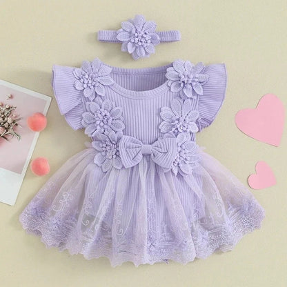 Giggles And Grab 3D Baby & toddler outfits Purple / 12-18M 3D Flower Baby Girls Summer Romper & Headband Set"