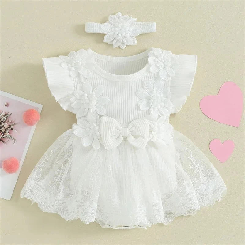 Giggles And Grab 3D Baby & toddler outfits White / 12-18M 3D Flower Baby Girls Summer Romper & Headband Set"